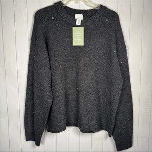 NWT H&M Rhinestone Studded Jeweled Sweater Gray Fall Winter Cozy Preppy Top sz M